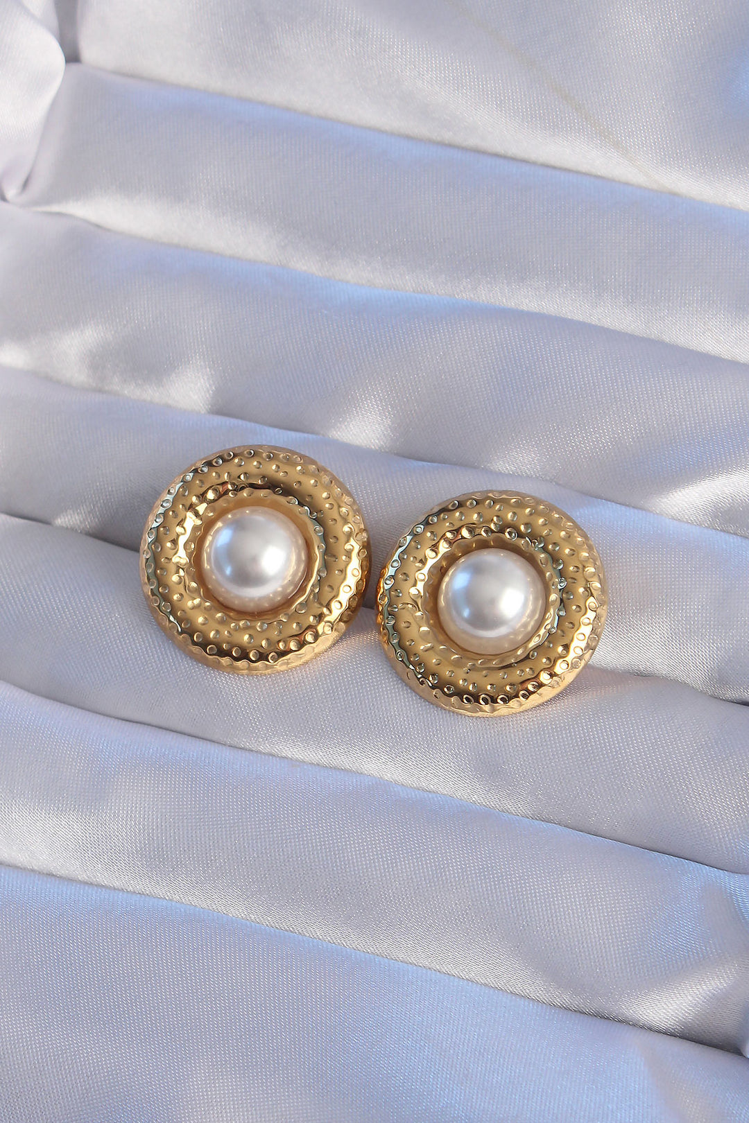 EBJ 316L Steel Gold Color Pearl Stone Embellished Domed Laser Engraved Earring - Saint-Quentin