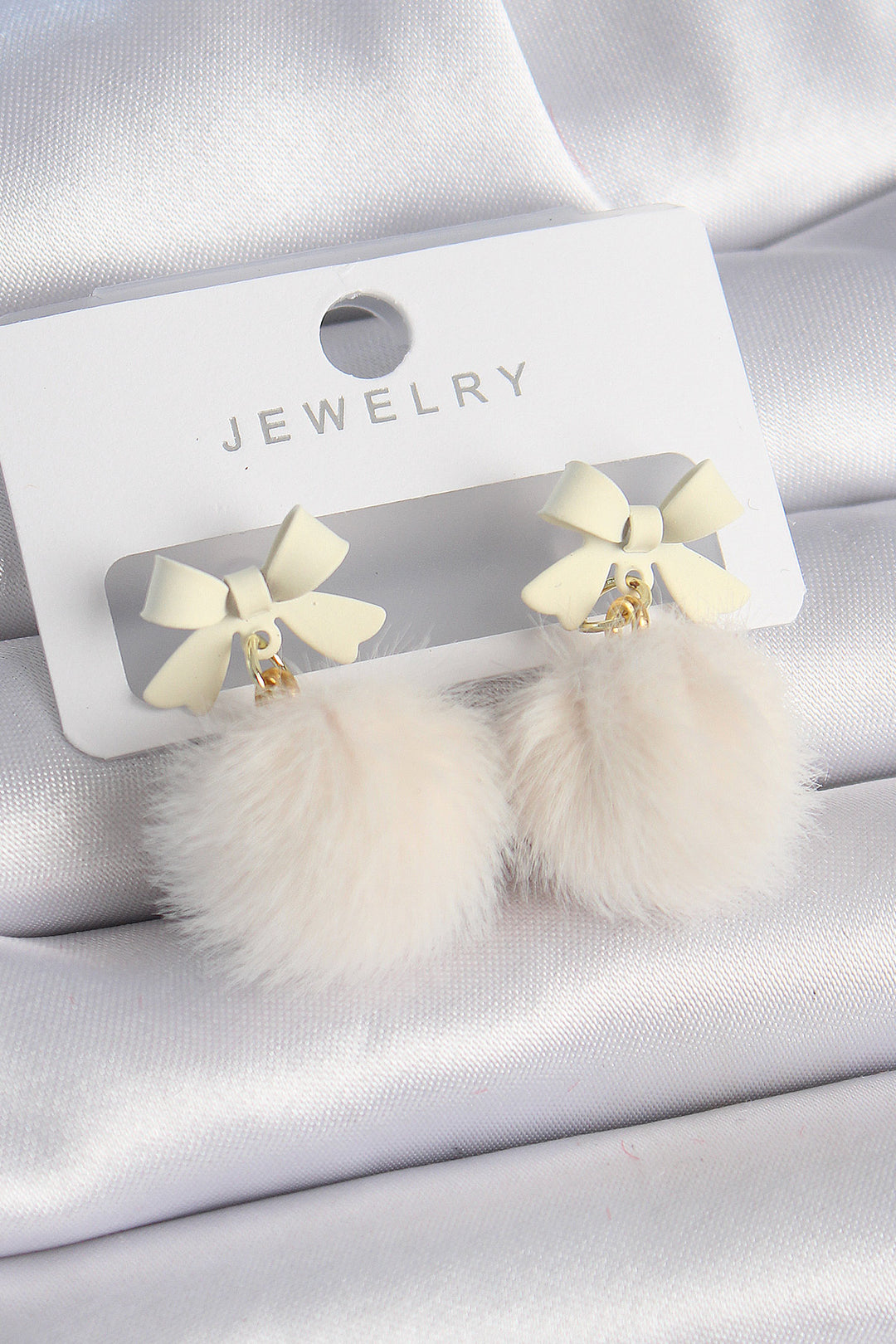 EBJ White Color Ribbon Pom Pom Model Women's Earrings - Cwmbran