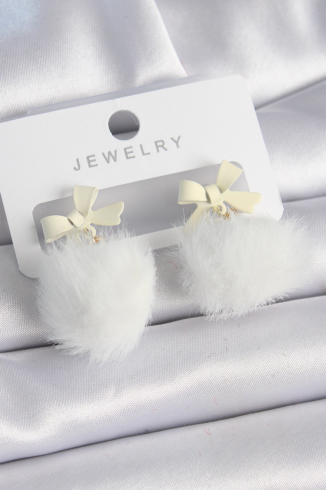 EBJ White Color Ribbon Fluffy Pom Pom Model Women's Earrings - Valle de Santiago