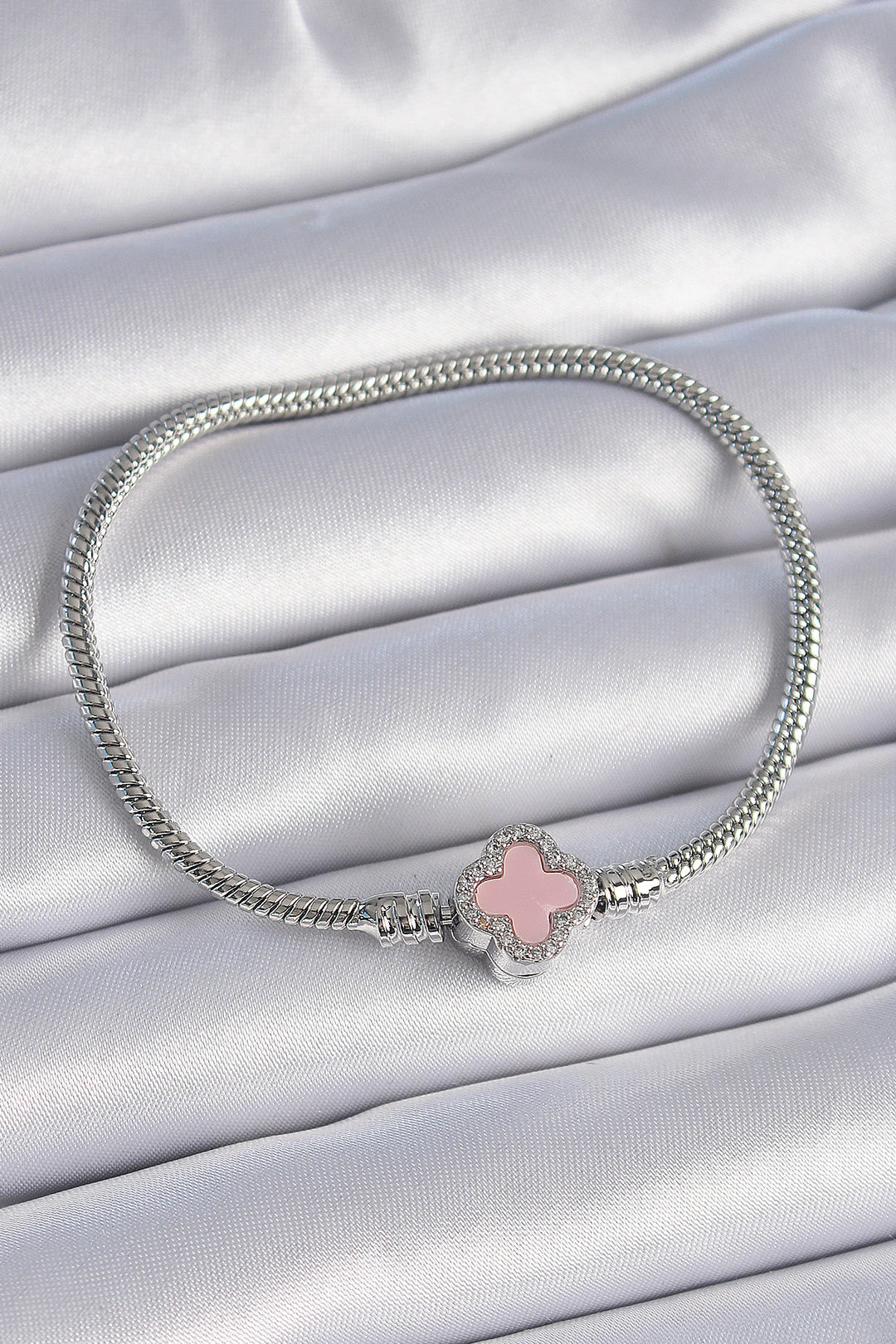EBJ 316L Stainless Steel Chain Silver Color with Zircon Stone Pink Clover Figure Charm Model Women's Bracelet - Ramsgate