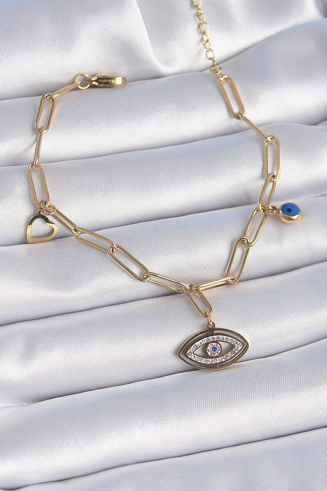 EBJ 316L Steel Gold Color Zircon Stone Eye Figure Heart Detail Women's Bracelet - Ashton