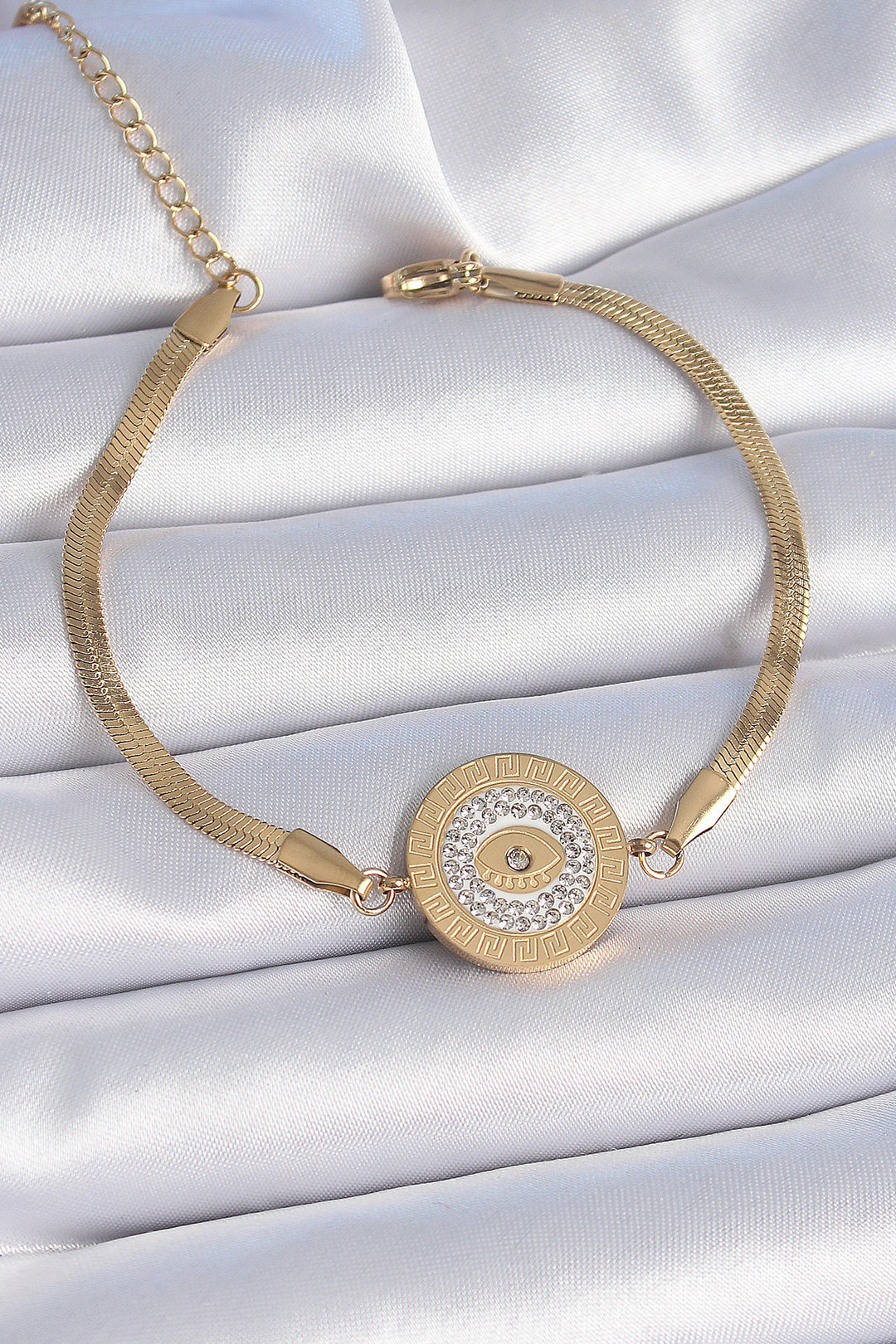EBJ 316L Steel Gold Color Italian Chain with Zircon Stone and Eye Embroidered Medal Model Women's Bracelet - Kamenicë