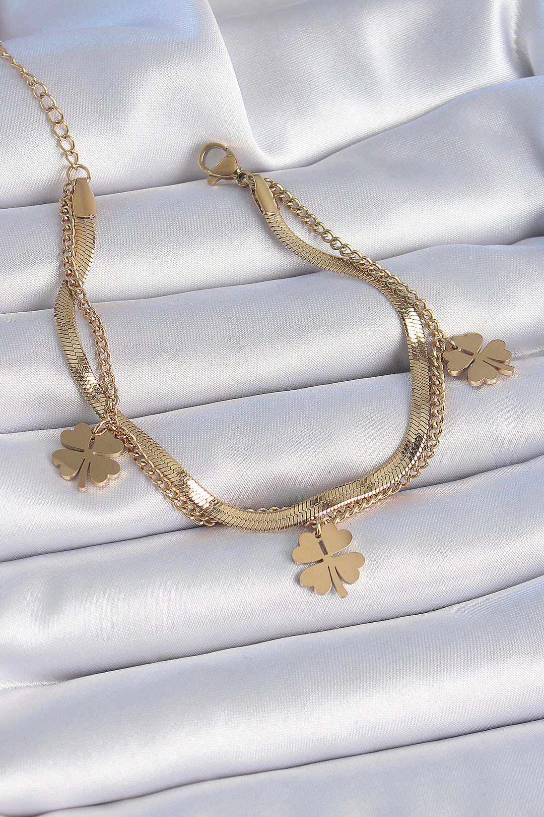EBJ 316L Steel Gold Color 2-Piece Italian Chain Clover Figure Women's Bracelet - Medford