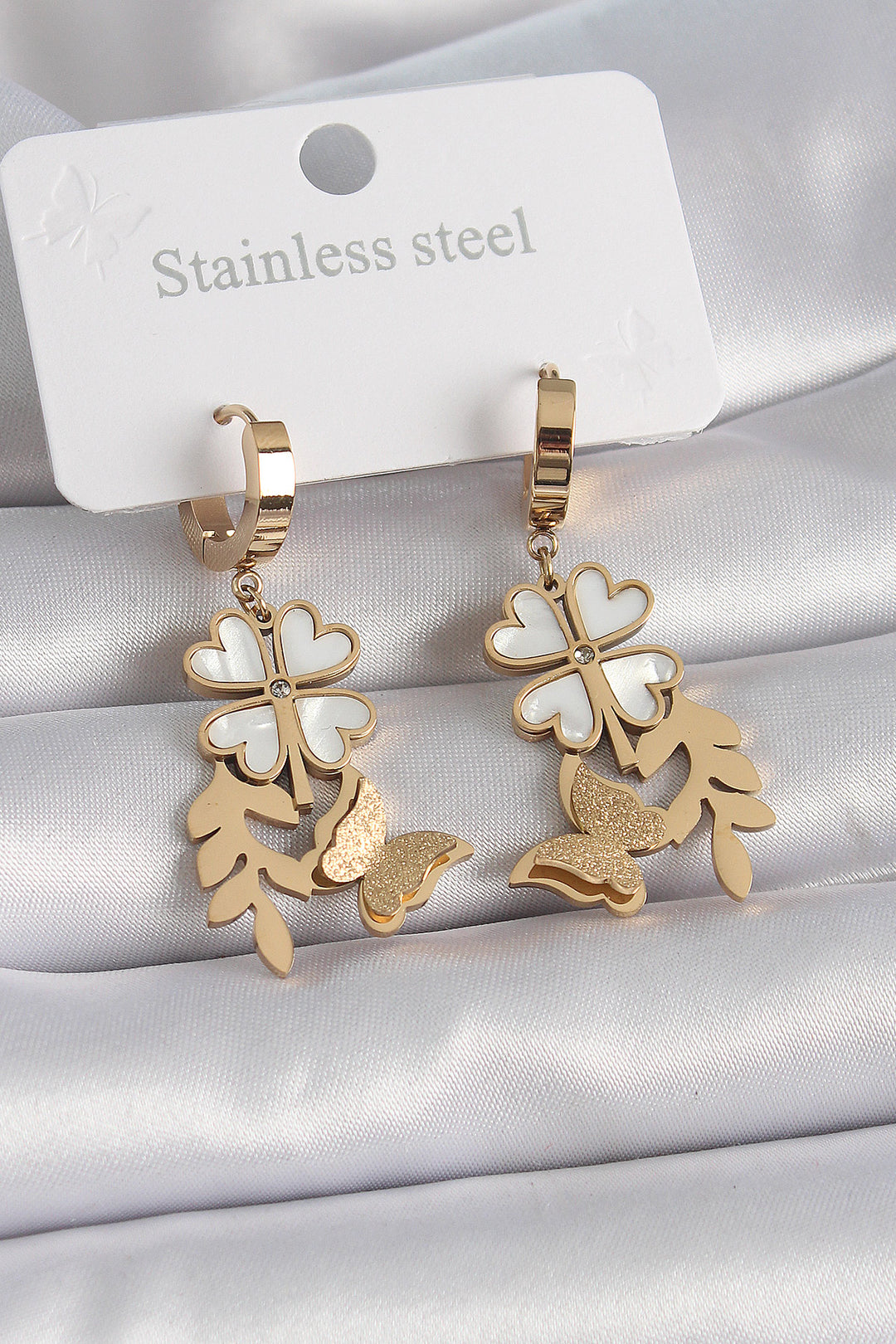 EBJ 316L Steel Gold Color White Mother of Pearl Clover Glitter Butterfly Figure Women's Earrings - Zevenaar