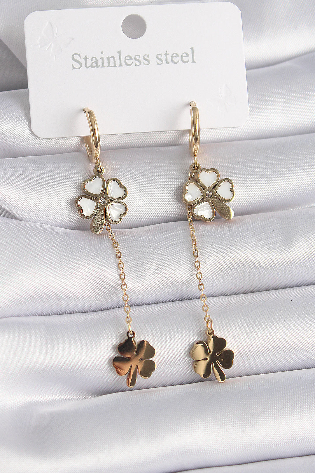 EBJ 316L Steel Gold Color Mother of Pearl Clover Model Zircon Stone Detail Women's Earring - Hürth