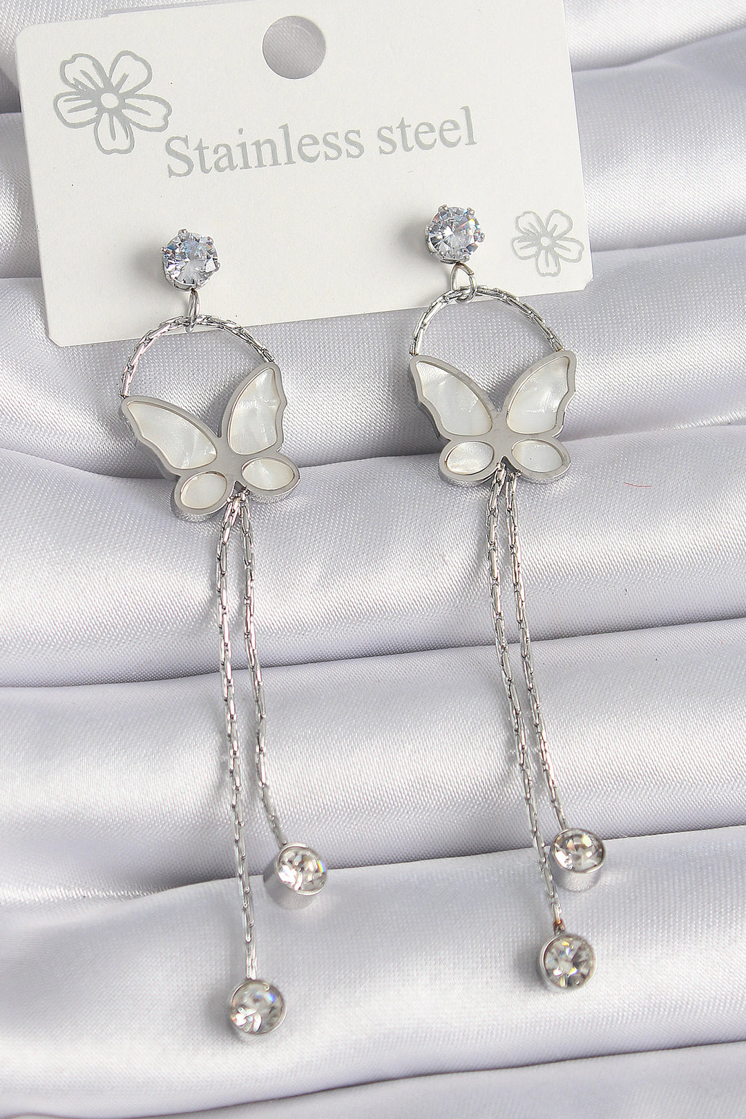 EBJ 316L Stainless Steel Silver Color Mother of Pearl Butterfly Design Dangle Earrings with Zircon Stone for Women - Yajalón