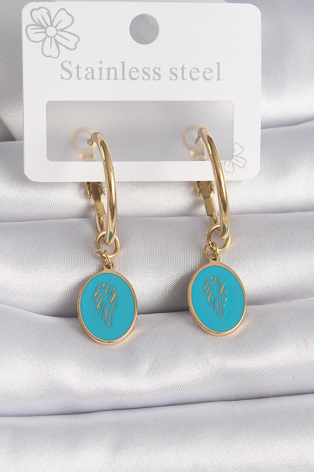 EBJ 316L Steel Gold Color Ring Model Blue Embroidered Detail Women's Earring - Elmont
