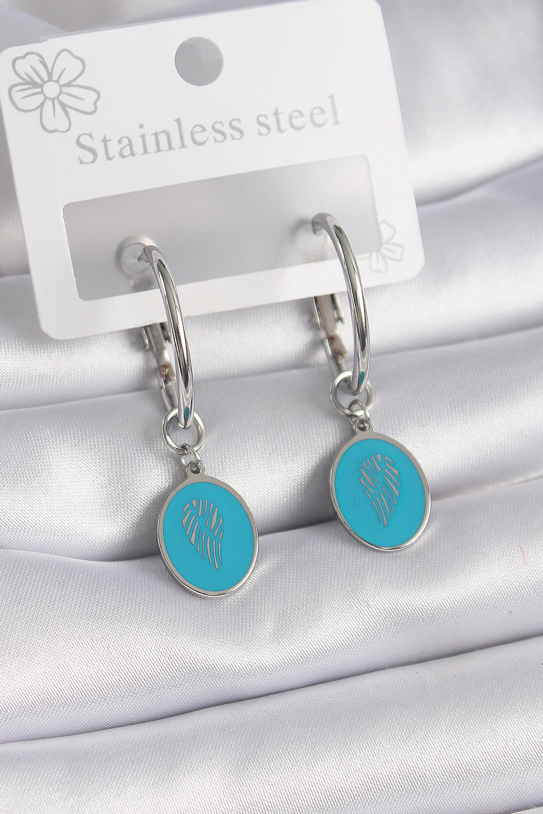 EBJ 316L Stainless Steel Silver Color Ring Model Blue Embroidered Detail Women's Earring - Milpitas