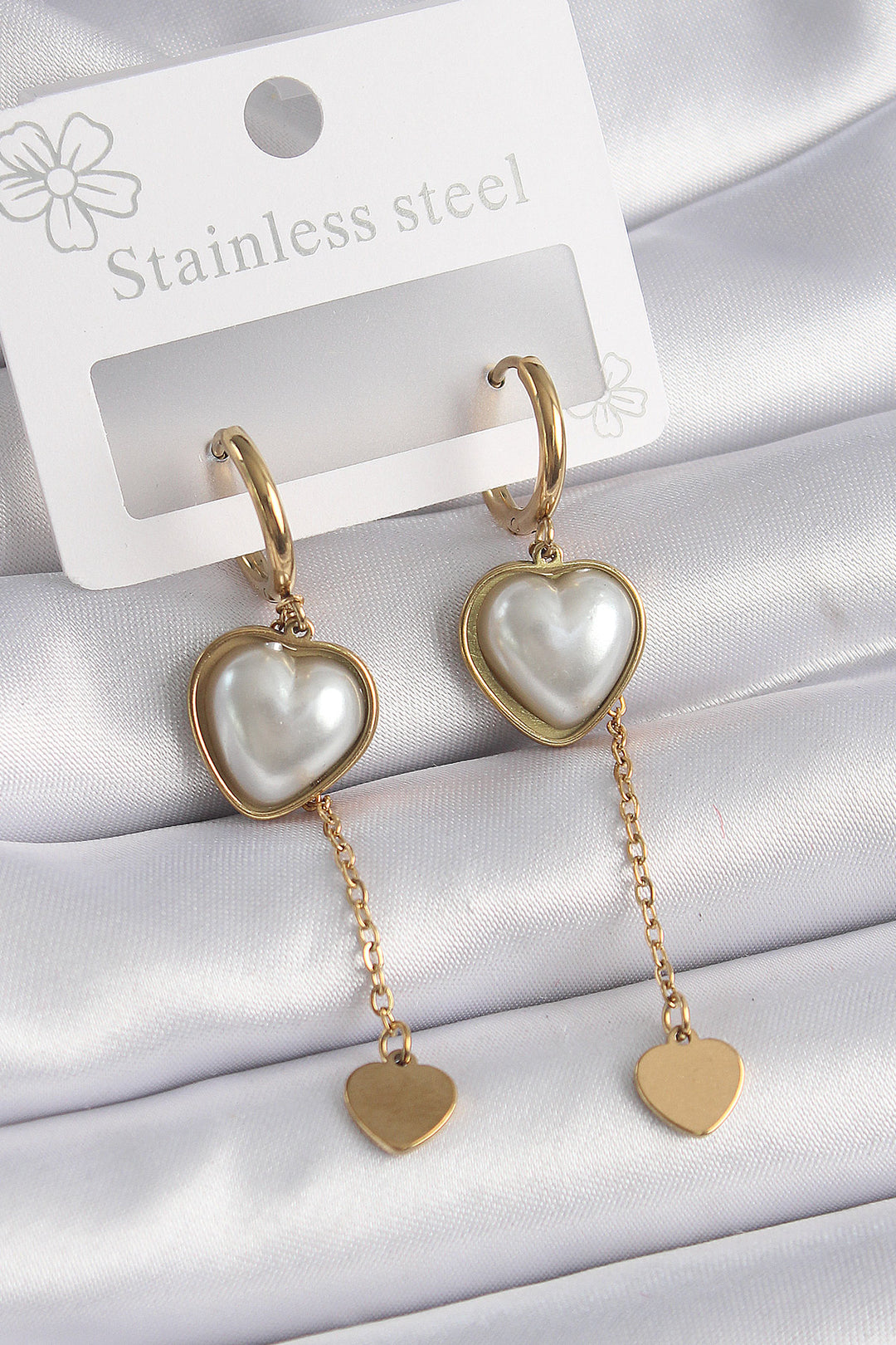 EBJ 316L Steel Gold Color Pearl Heart Model Dangle Heart Detail Women's Earrings - Memphis