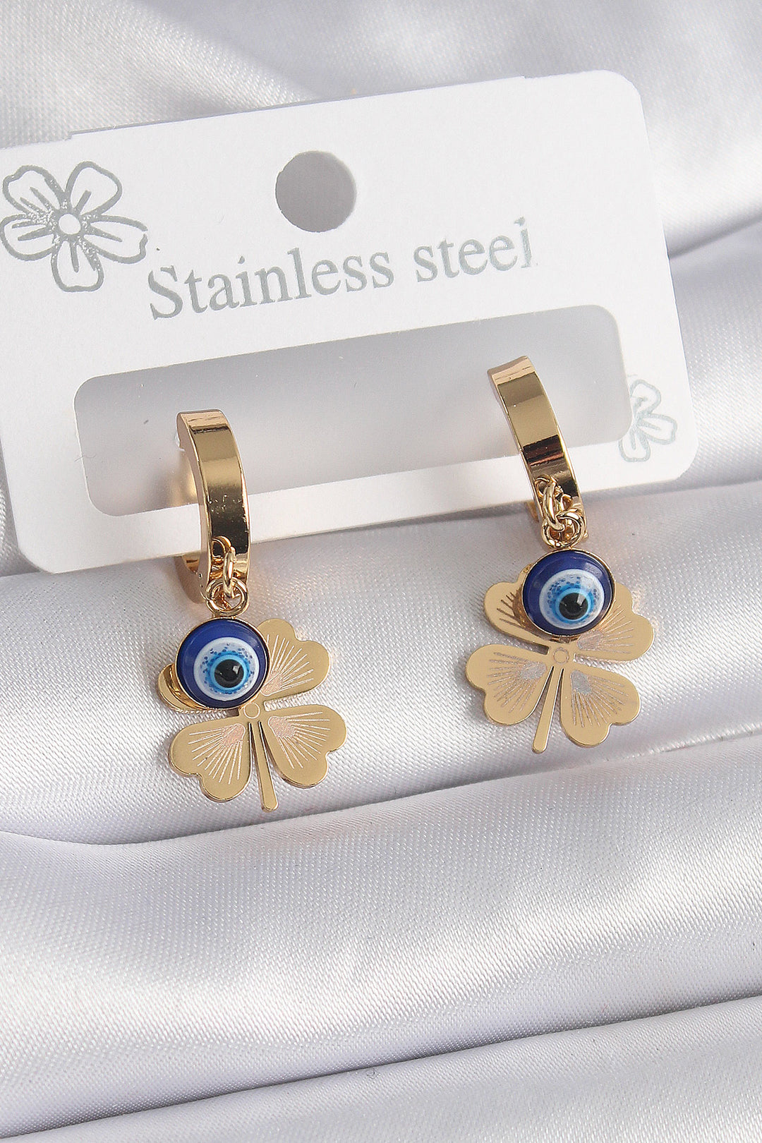 EBJ 316L Steel Gold Color Clover Model Evil Eye Earring Detail Women Earring - North Hempstead