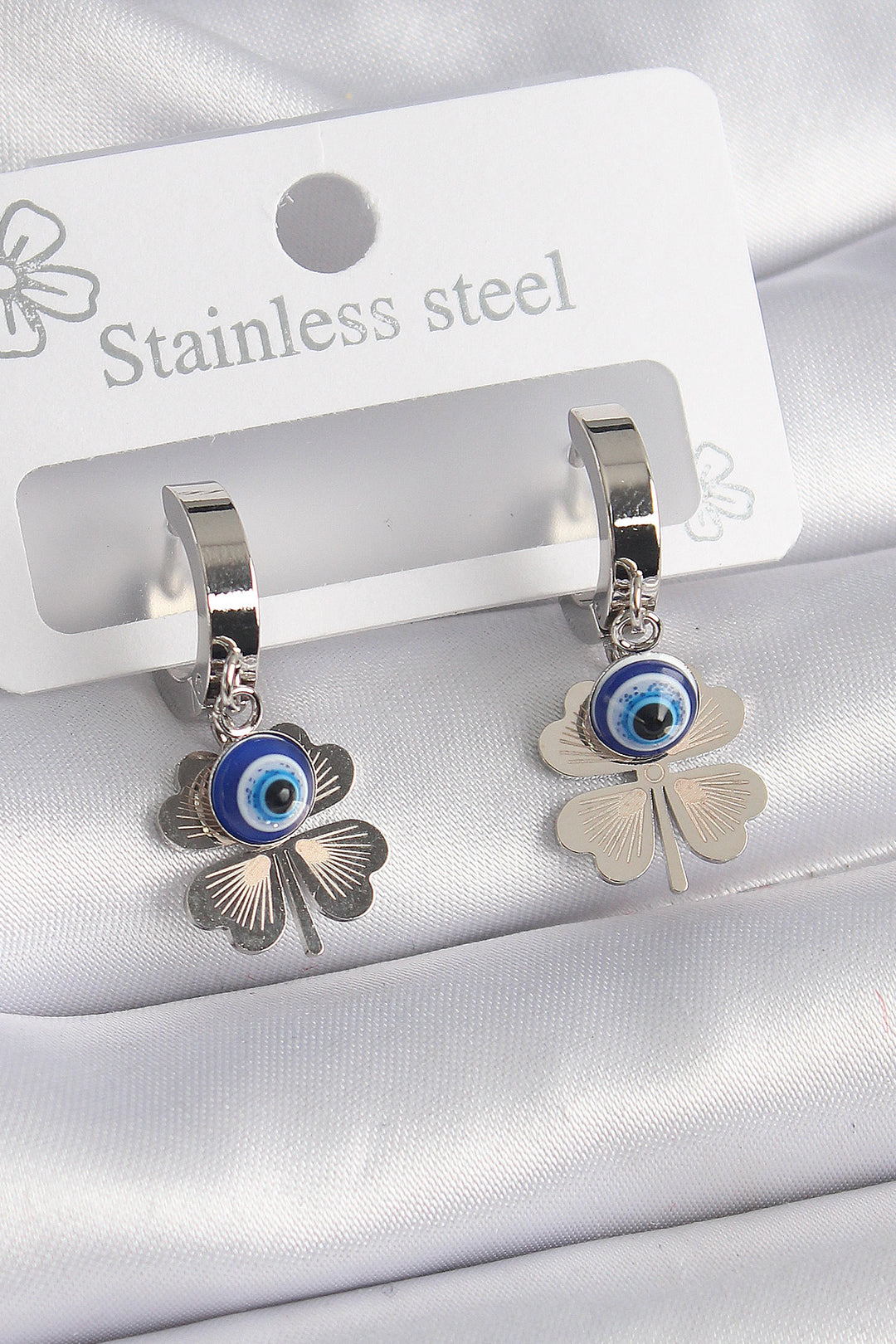 EBJ 316L Stainless Steel Silver Color Clover Model Evil Eye Detail Women's Earring - West Babylon