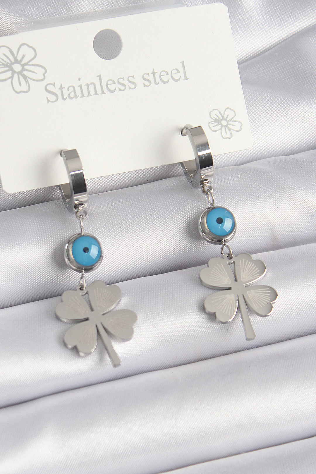 EBJ 316L Steel Silver Color. Clover Model Evil Eye Detail Women's Earring - Albacete