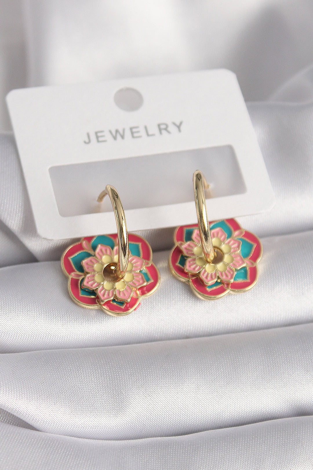 EBJ Rice Gold Color Red Pink Color Motif Flower Pattern Women's Earrings - Union