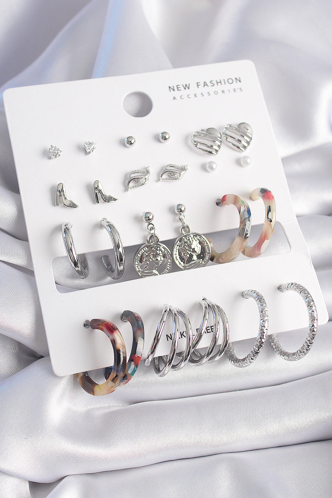 EBJ Rice Silver Color Zircon Stone Detailed 12 Pairs Women's Earrings - Berkeley