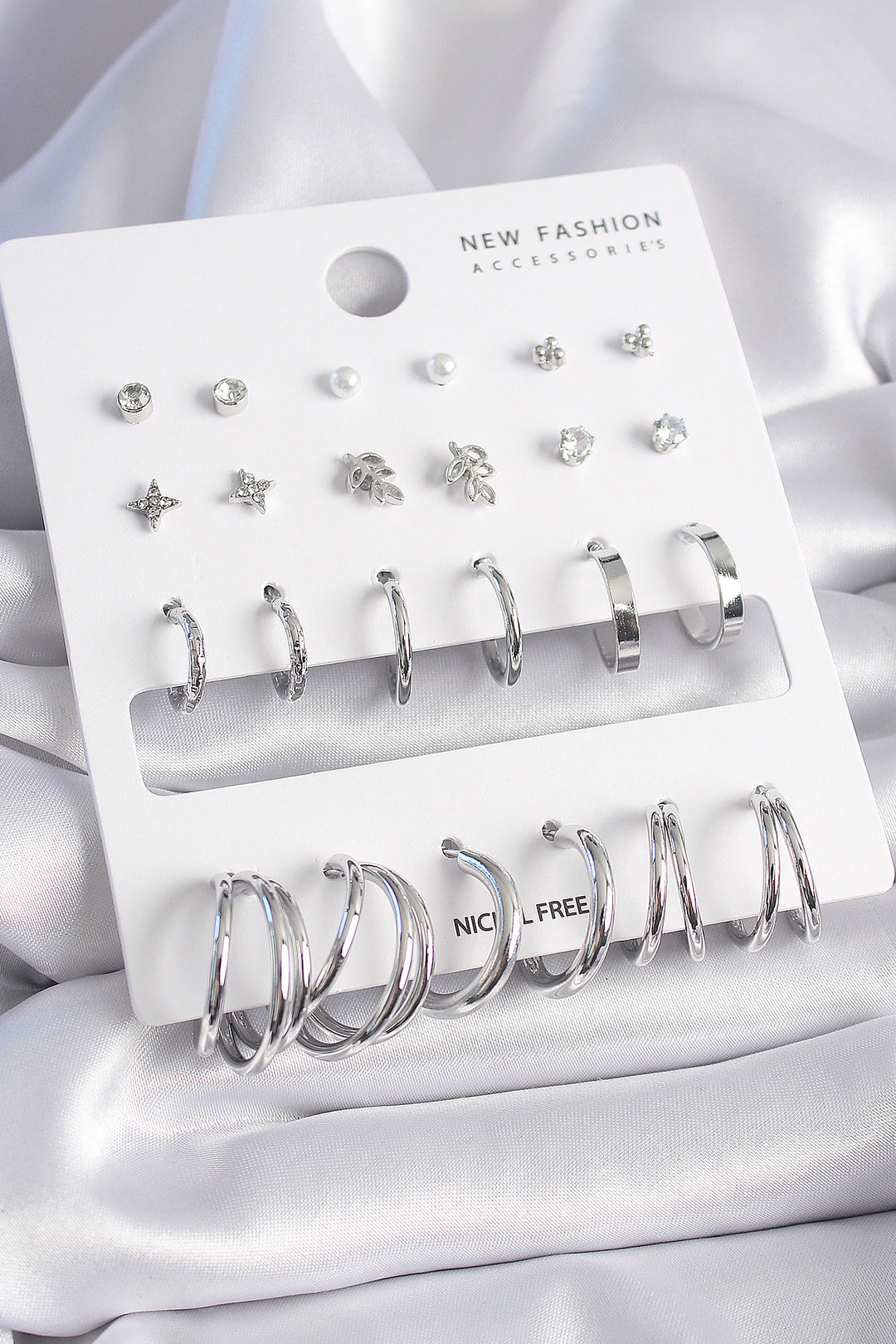 EBJ Rice Silver Color Zircon Stone 12 Pairs Earring Set - Tapachula