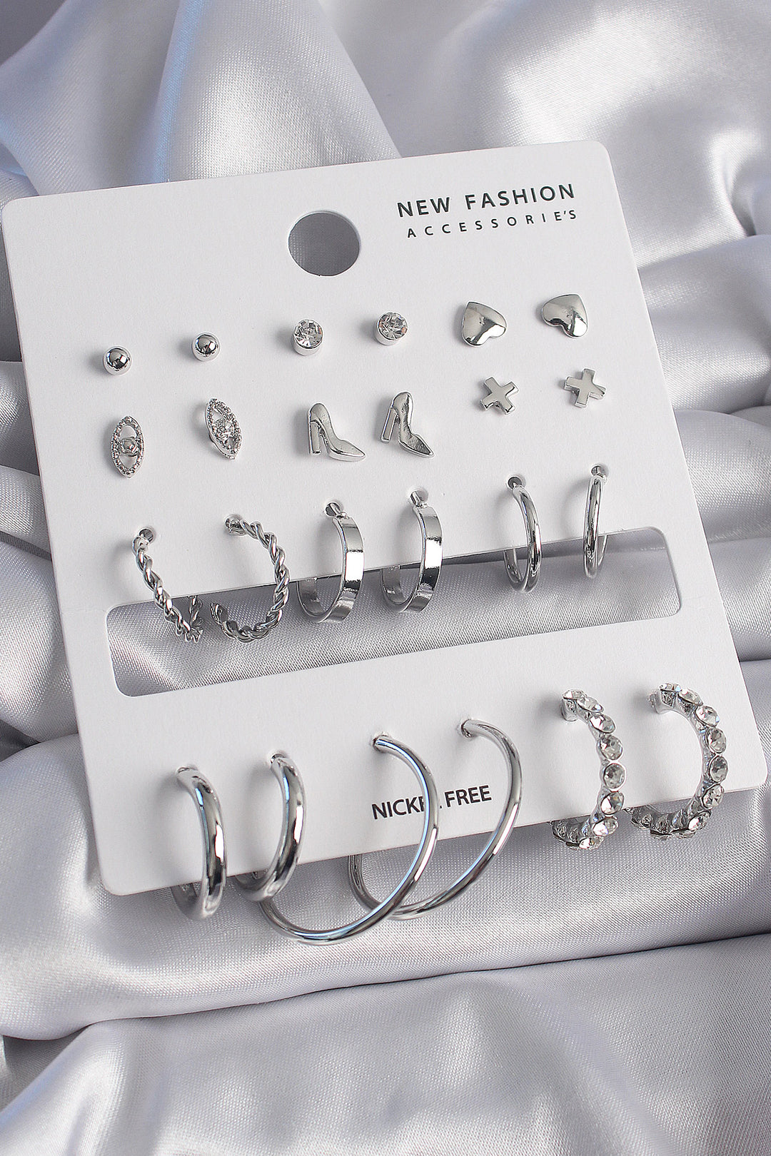 EBJ Rice Silver Color 12 Pairs of Women's Earring Set - Roseville
