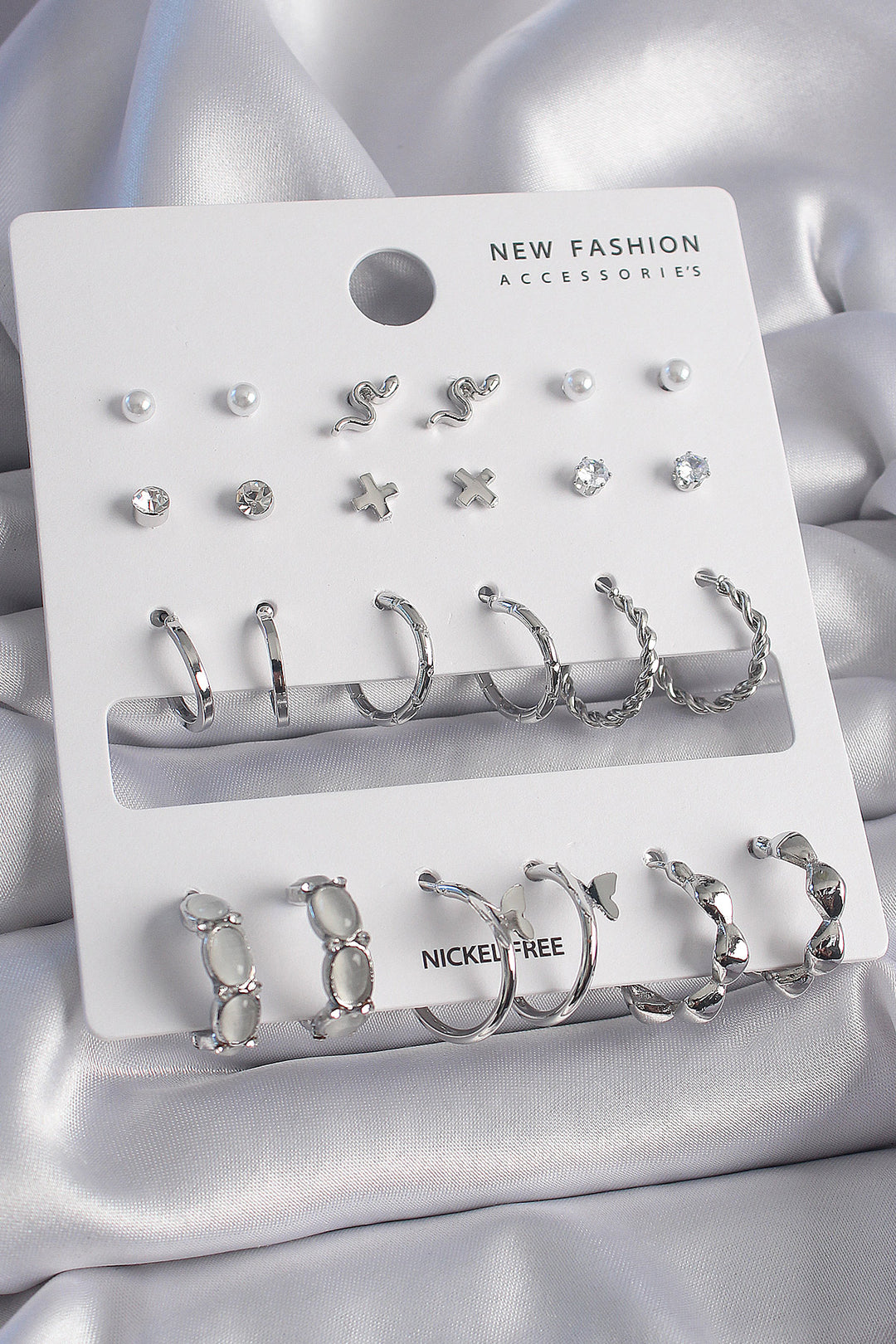 EBJ Rice Silver Color Zircon Stone 12 Pairs Women's Earring Set - Reading