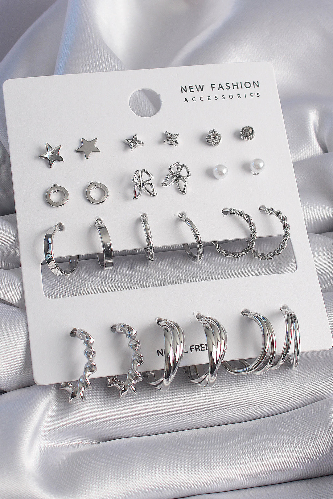 EBJ Rice Silver Color Zircon Stone 12 Pairs Women's Earring Set - Doncaster