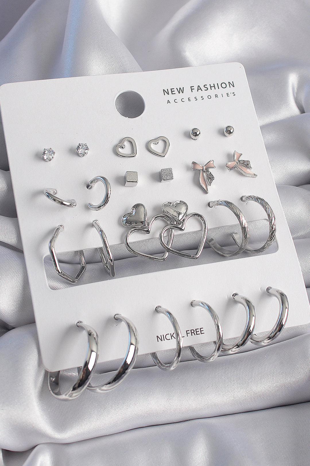 EBJ Rice Silver Color Dangle Heart Figure 12 Pairs Women Earrings - Fremont