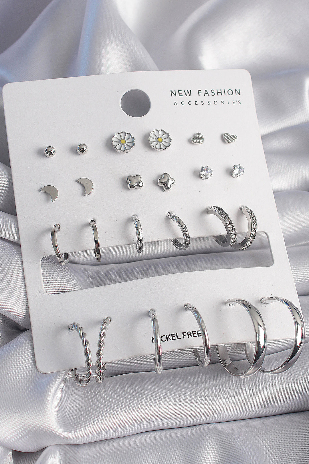 EBJ Rice Silver Color Daisy Detailed 12 Pairs Women's Earring Set - La Puente