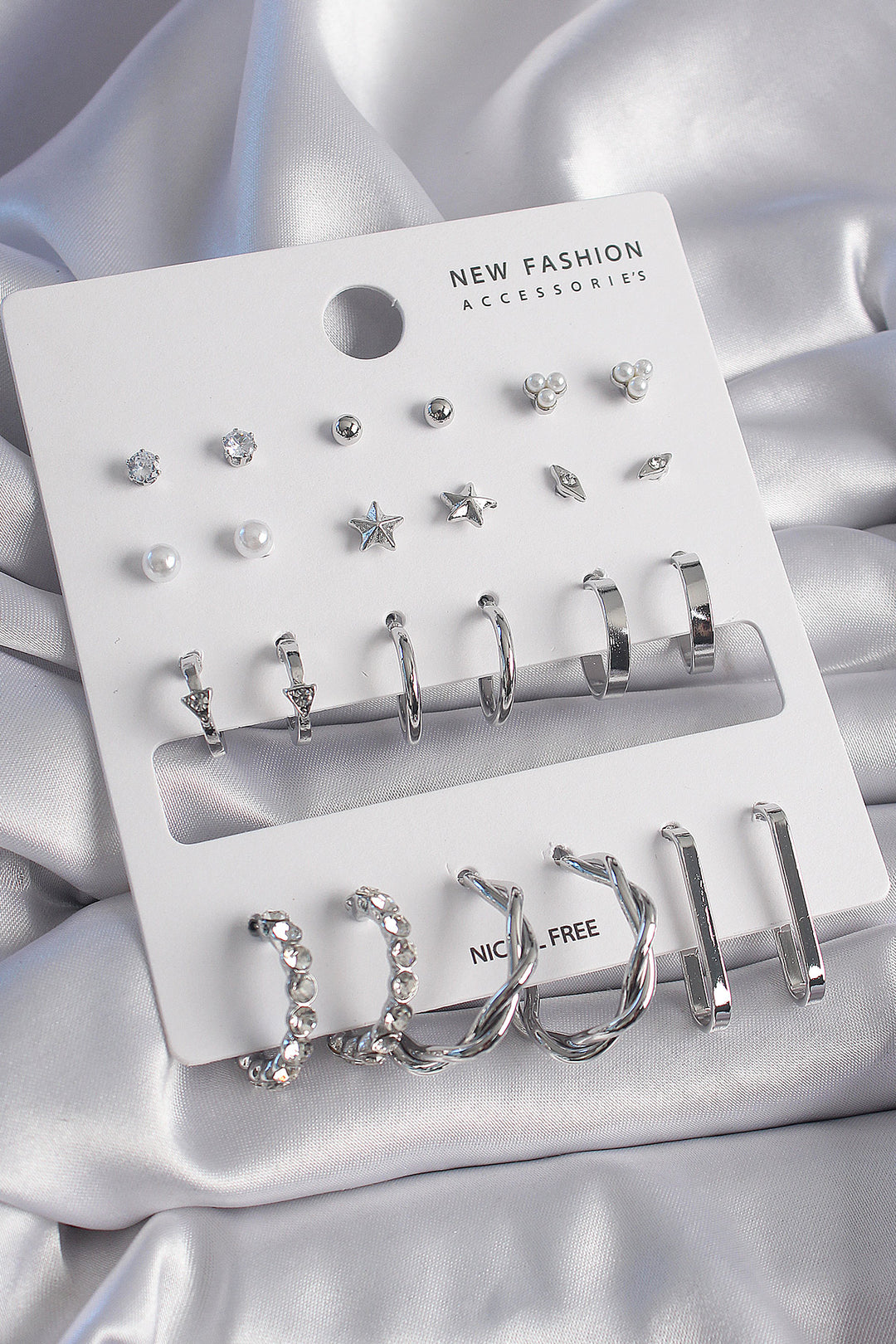 EBJ Rice Silver Color Zircon Stone 12 Pairs Women's Earring Set - San Bernardino