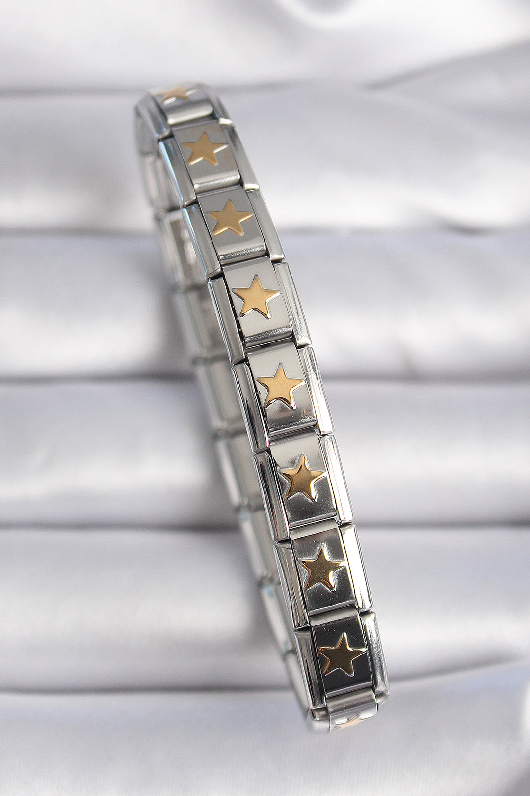 EBJ 316L Steel Silver Color Gold Star Embossed Nomination Charm Bracelet - Hesperia