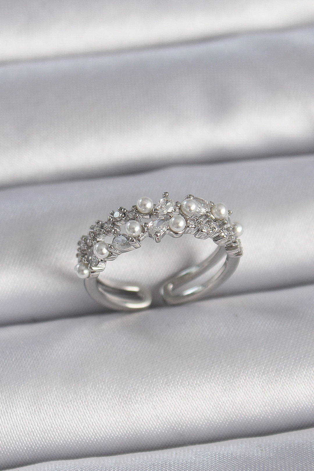 EBJ Rice Silver Color Zircon Stone Pearl Adjustable Model Women's Ring - Castricum