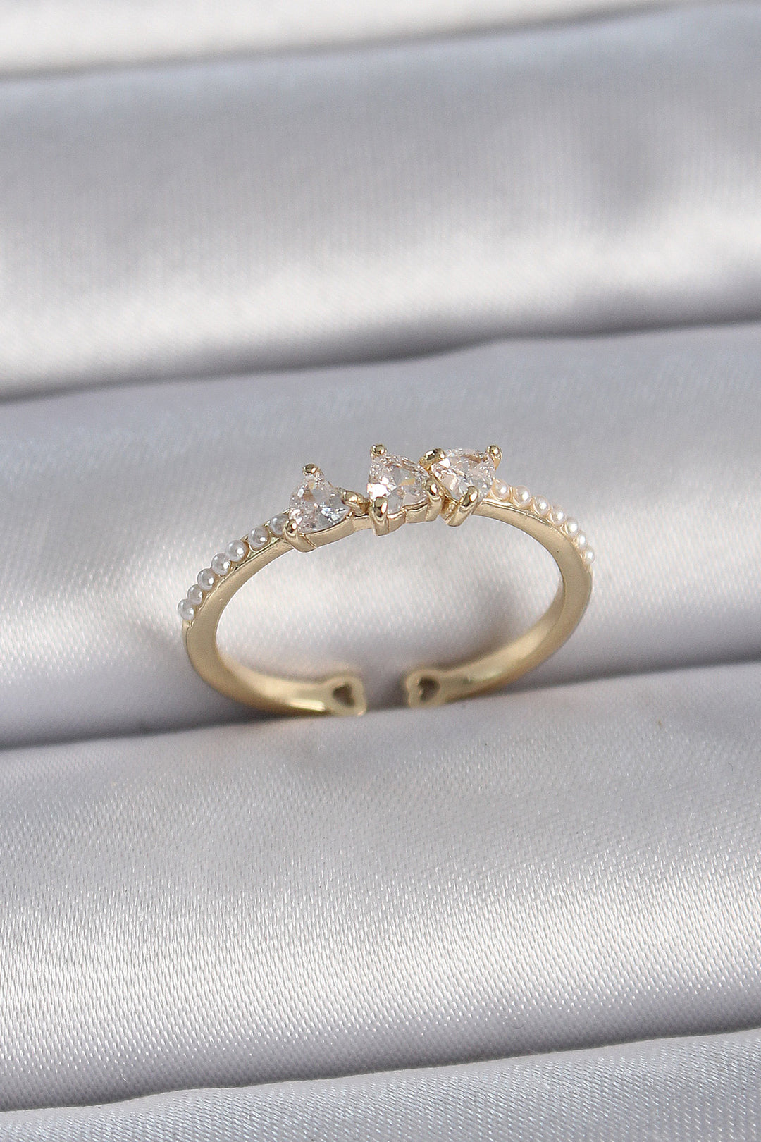 EBJ Rice Gold Color Zircon Stone Heart Pearl Detailed Adjustable Model Women's Ring - Milton