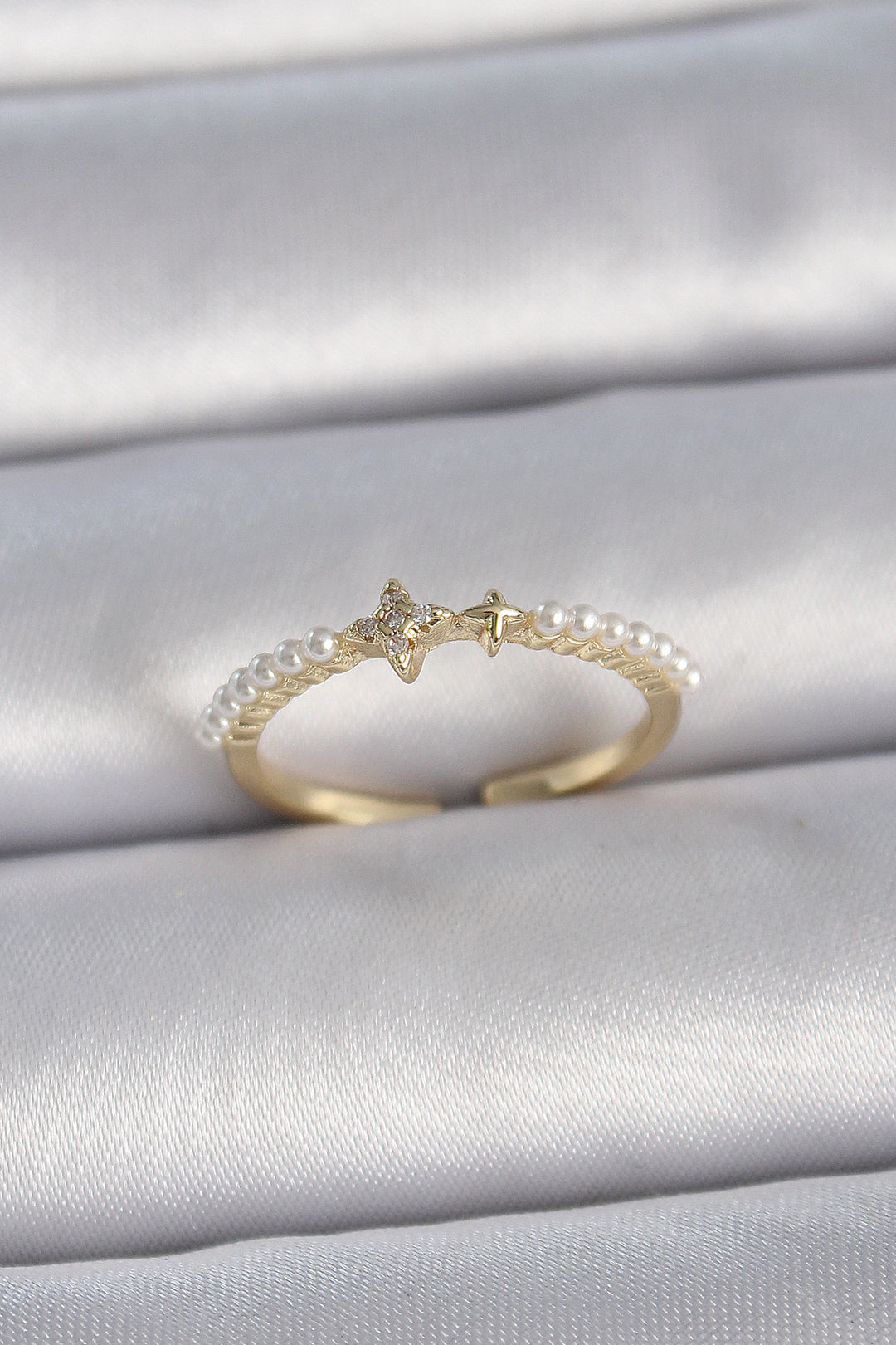 EBJ Adjustable Model Women's Ring with Rice Gold Color Zircon Stone Star Sequined Pearl - Texcoco