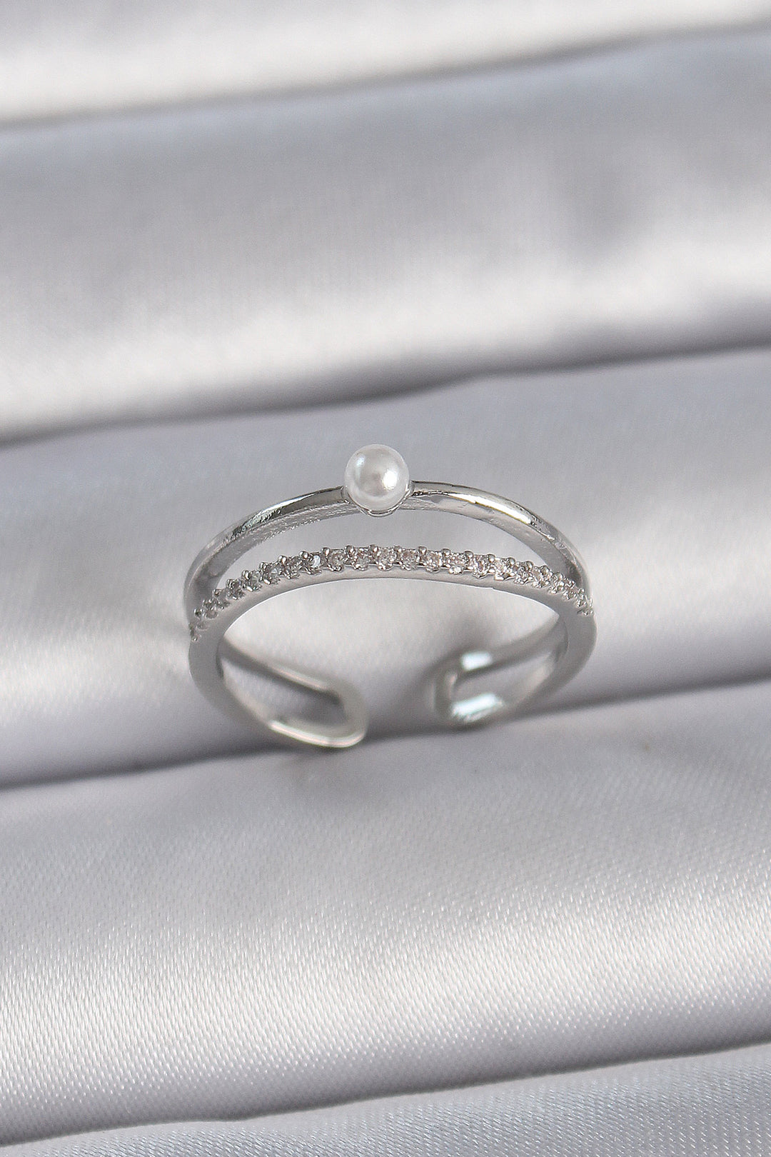 EBJ Rice Silver Color Zircon Stone Pearl Detail Adjustable Model Women's Ring - Parsippany-Troy Hills