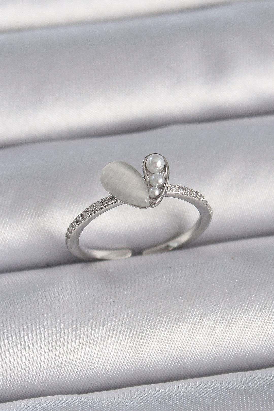 EBJ Adjustable Silver Color Rice Zircon Stone Pearl White Enamel Heart Model Women's Ring - La Laguna