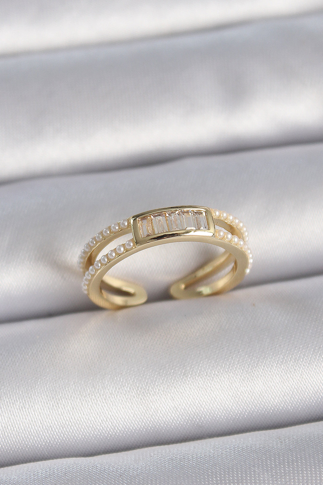 EBJ Adjustable Rice Gold Color Sequined Pearl Zircon Stone Detailed Women's Ring - Cagliari
