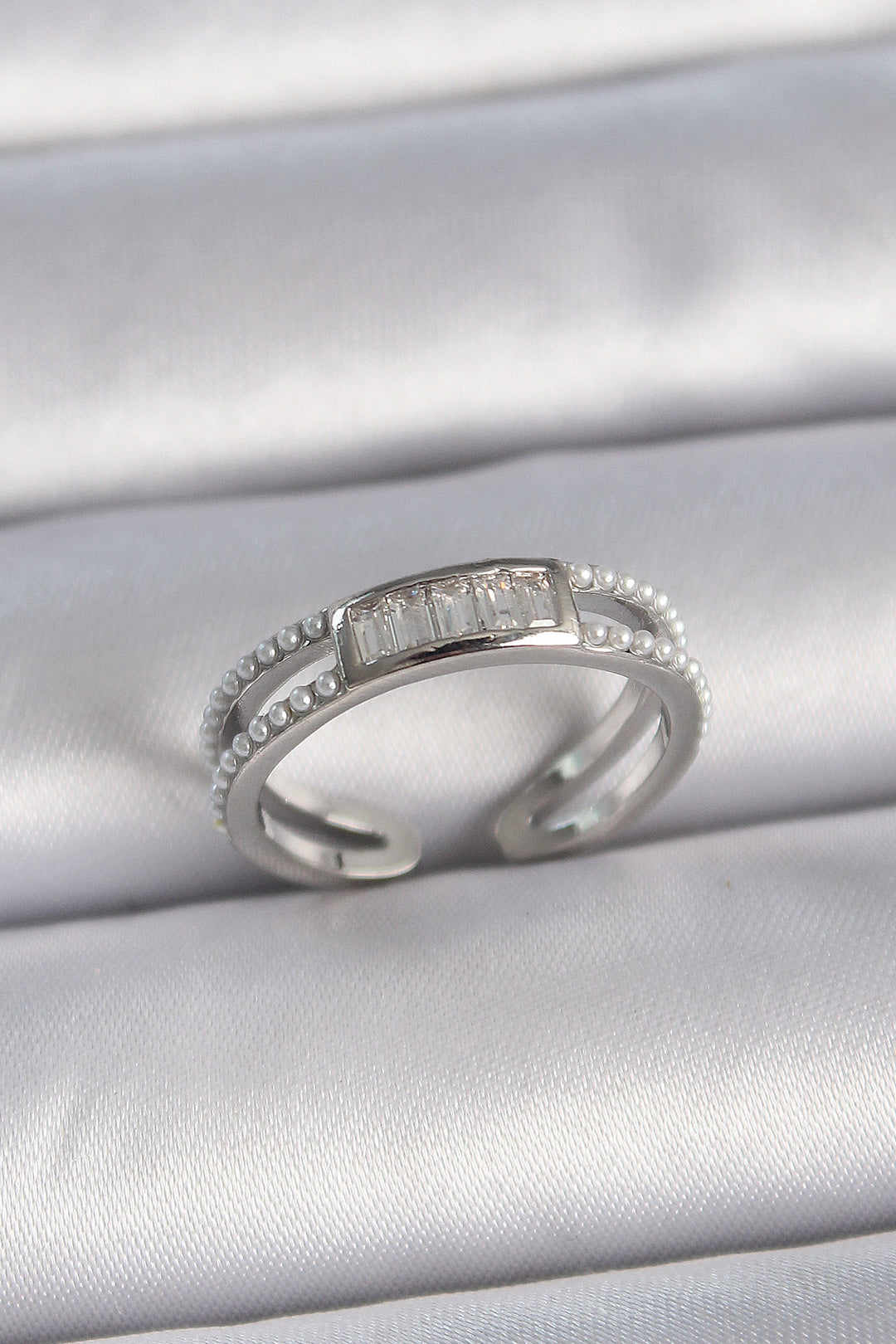 EBJ Rice Silver Color Adjustable Ring with Sequined Pearl and Zircon Stone for Women - Cuyahoga Falls