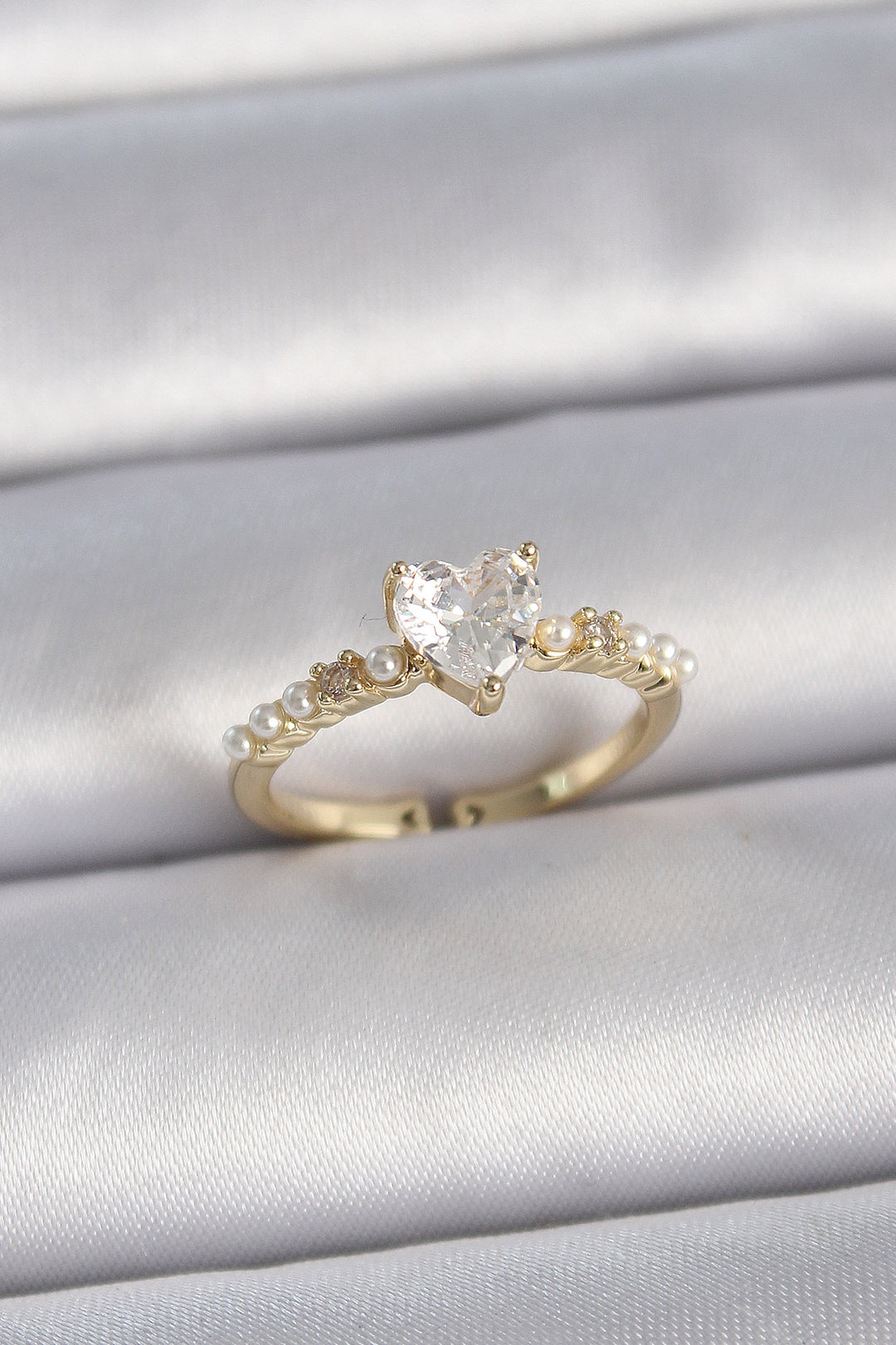 EBJ Adjustable Gold Color Rice Zircon Stone Heart Pearl Detail Women's Ring - Burleson