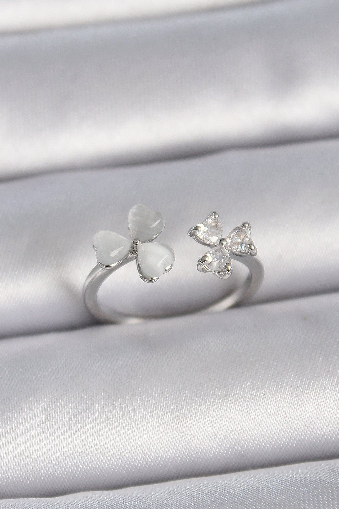 EBJ Adjustable Silver Color Rice Zircon Stone White Enamel Heart Model Women's Ring - Waterbury