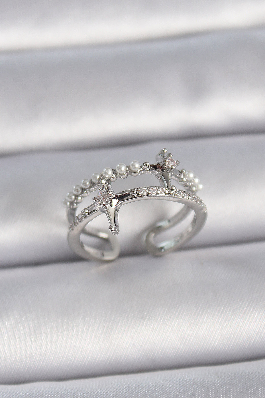 EBJ Adjustable Zircon Stone Pole Star Pearl Detail Women's Ring in Silver Color - Kamianets-Podilskyi