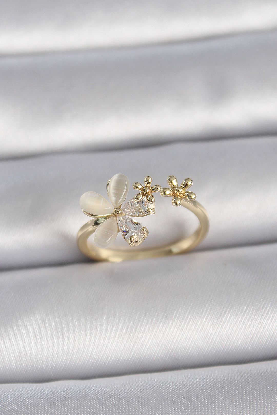 EBJ Adjustable Gold Color Rice Zircon Stone White Enamel Flower Model Women's Ring - Norwalk
