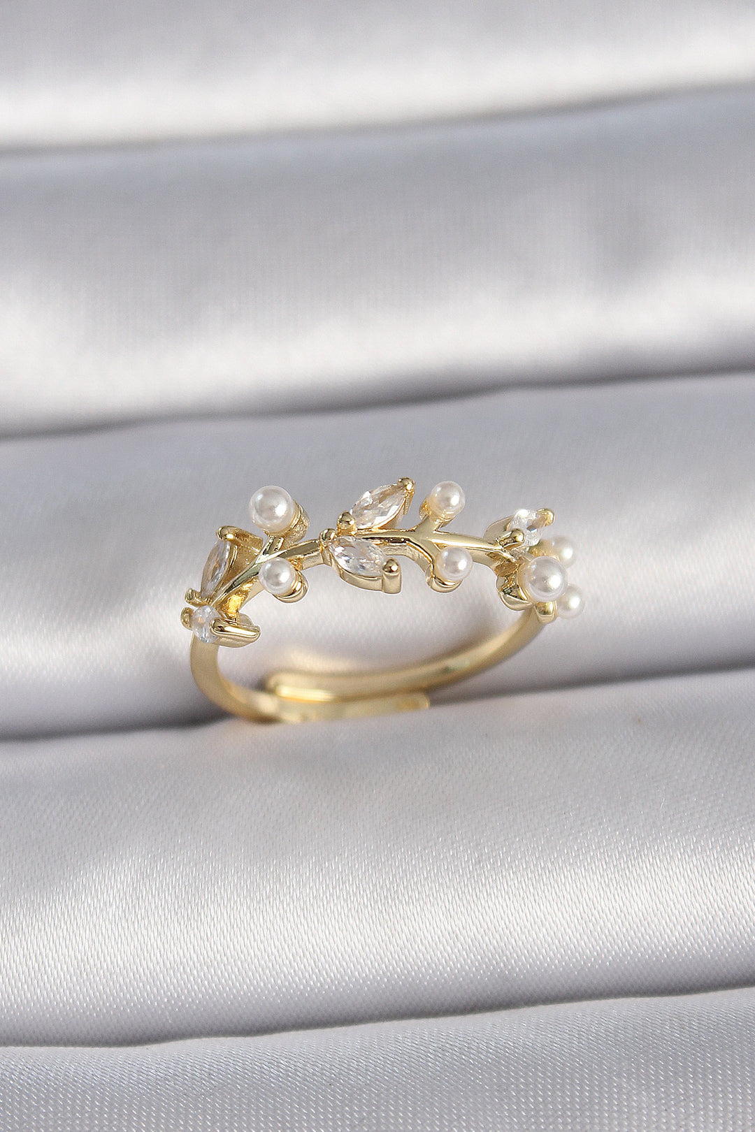 EBJ Rice Gold Color Adjustable Zircon Stone Leaf Model Women's Ring - Atlanta