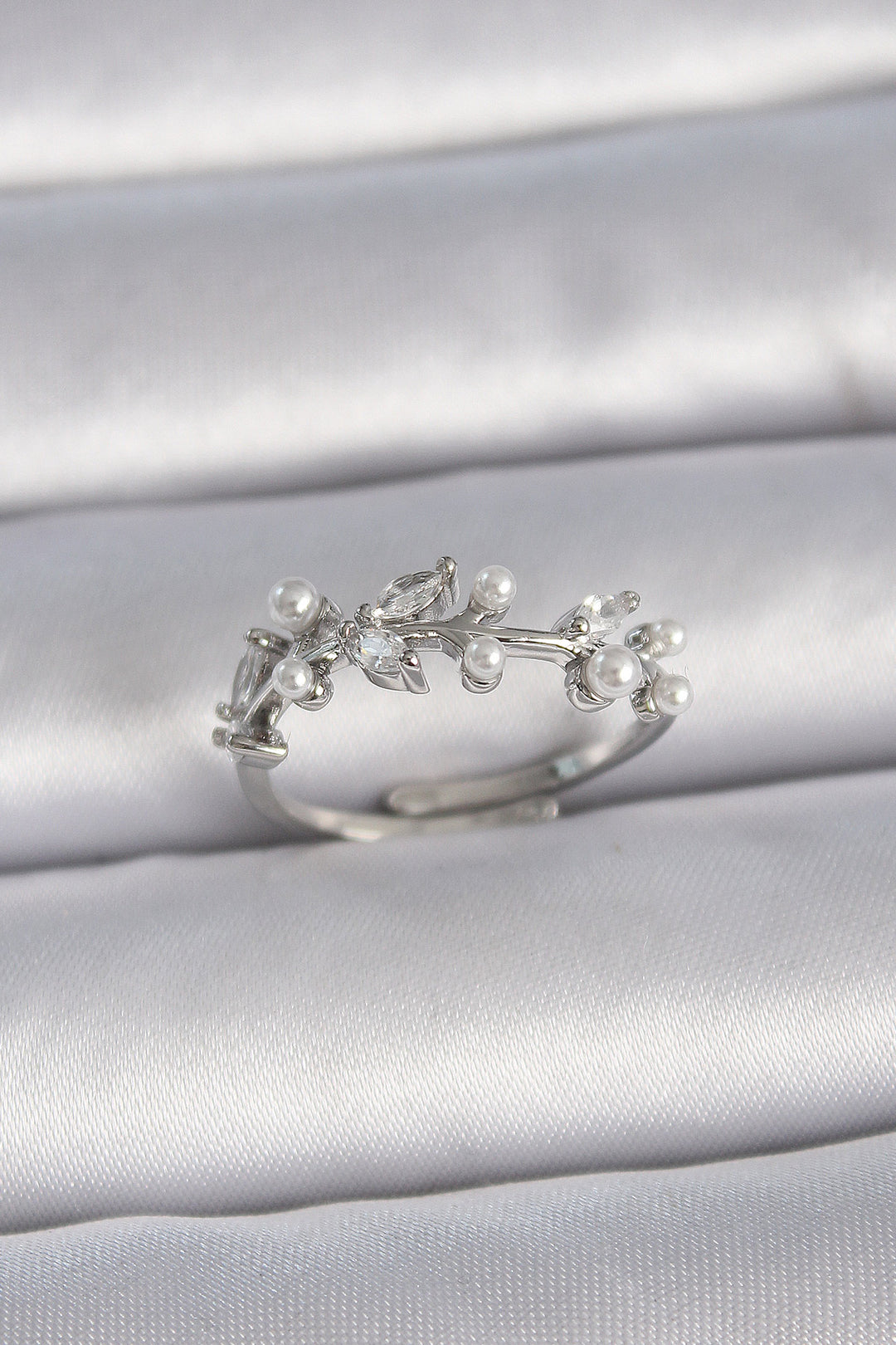 EBJ Rice Silver Color Adjustable Zircon Stone Leaf Model Women's Ring - Hinesville