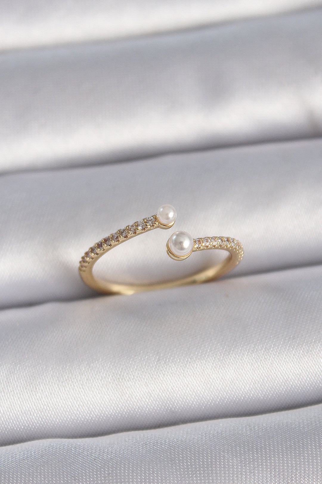 EBJ Rice Gold Color Adjustable Ring with Sequenced Zircon Stone and Pearl Detail for Women - Wembley