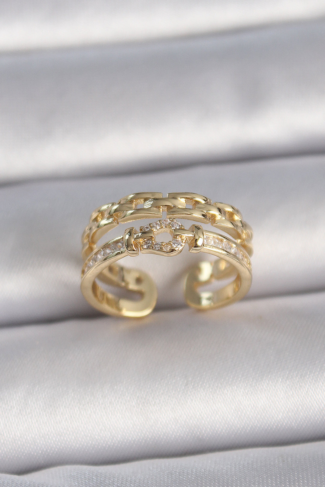 EBJ Adjustable Gold Color Rice Zircon Stone Chain Model Women's Ring - Abilene