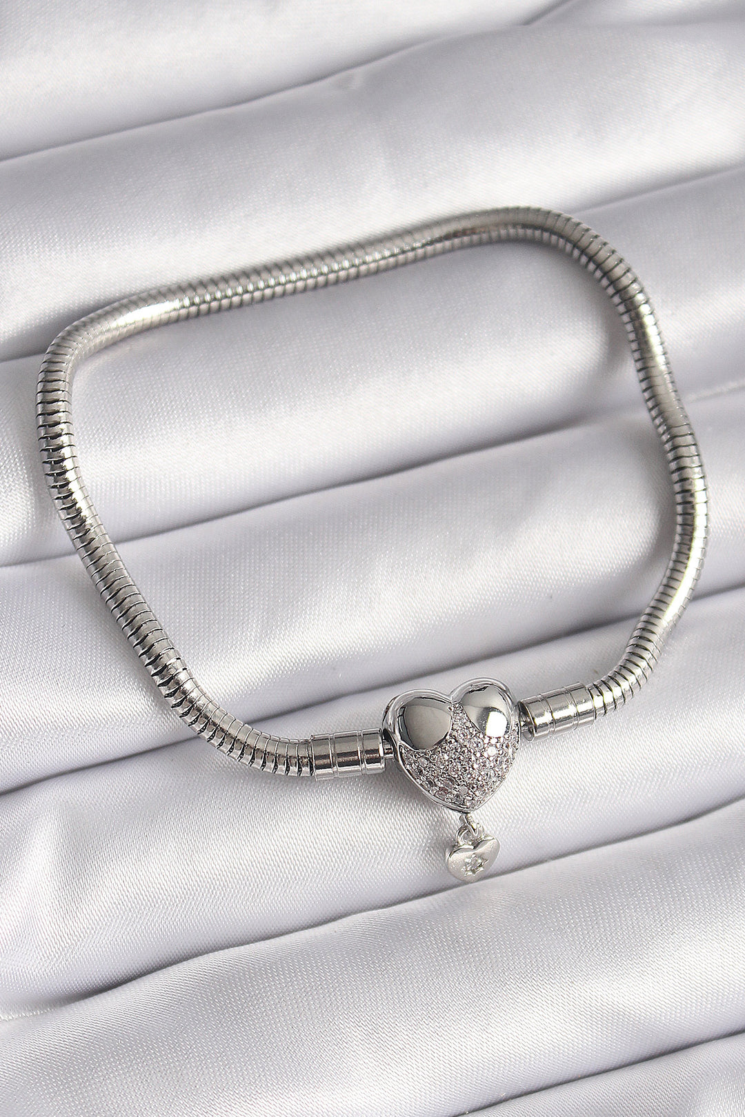 EBJ 316L Stainless Steel Silver Color Zircon Stone Dangling Heart Charm Model Women's Bracelet - Brookline