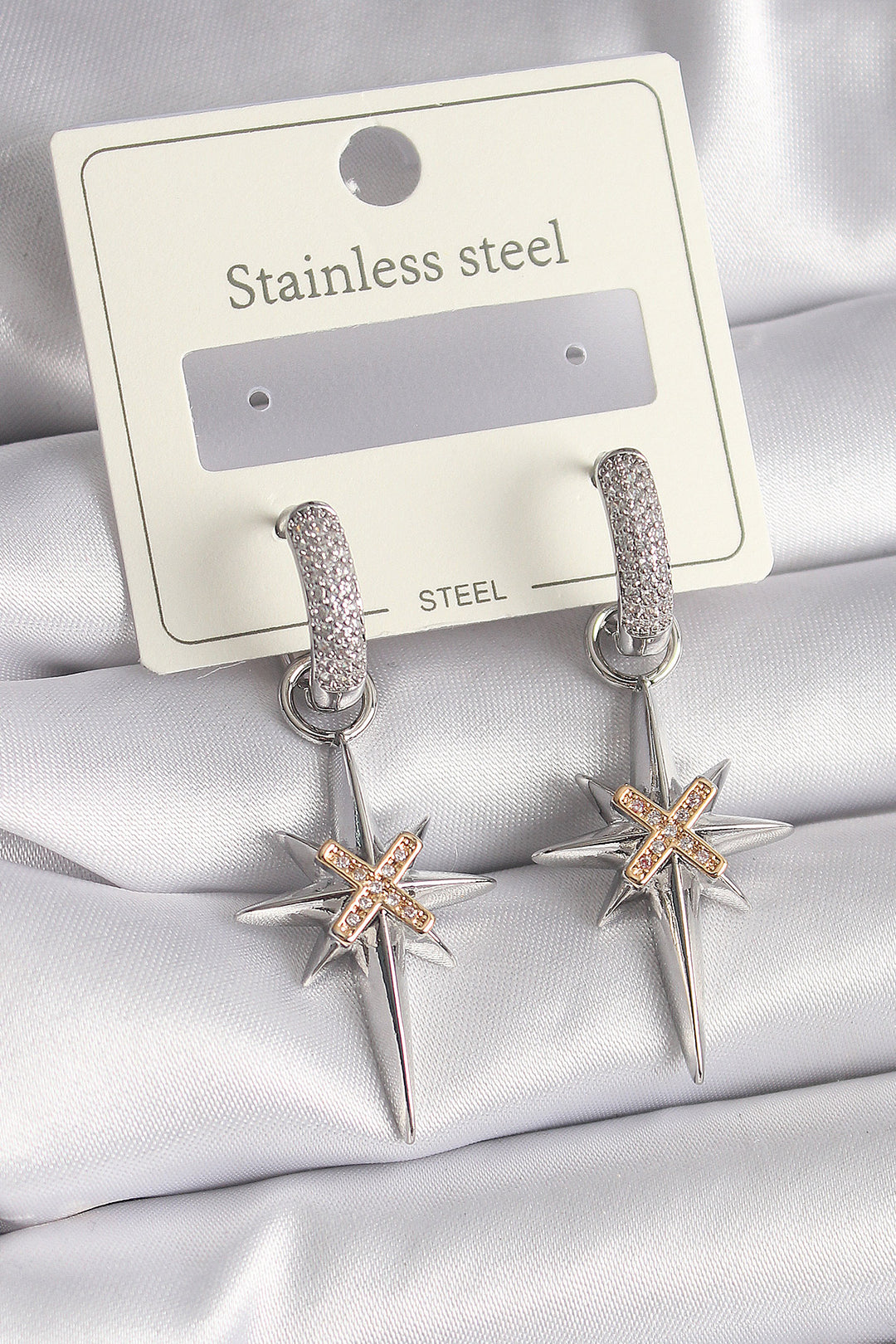 EBJ 316L Stainless Steel Silver Color Dangle Earrings with Zircon Stone Polar Star Design for Women - Clearwater