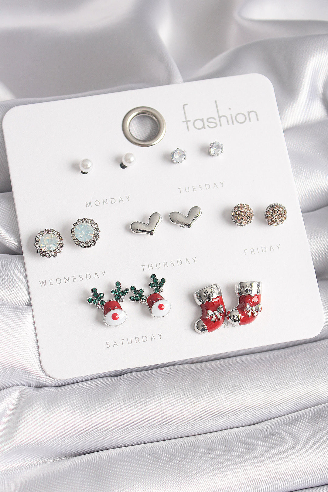 EBJ Rice Silver Color 7 Pairs of Zircon Stone New Year Themed Women's Earring Set - Silves