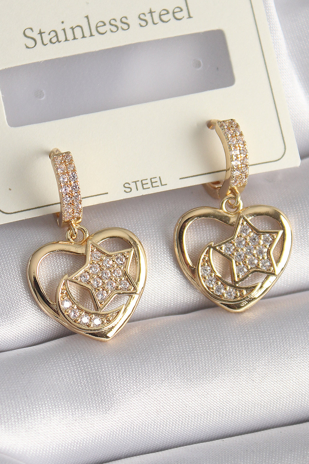 EBJ Rice Gold Color Zircon Stone Heart Model Crescent Star Embroidery Women's Earrings - San José del Rincón Centro