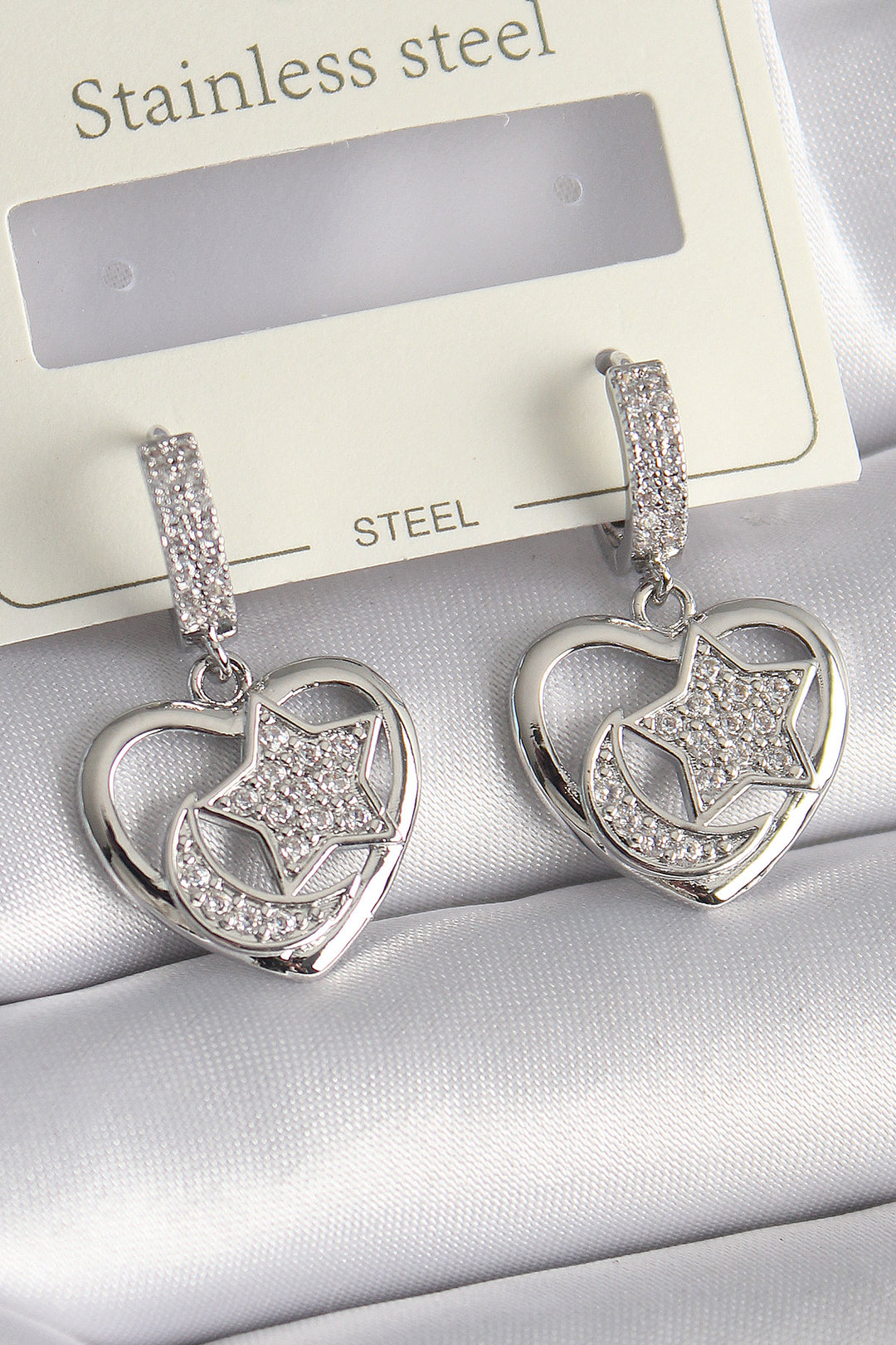 EBJ Rice Silver Color Heart Model Earrings with Zircon Stone Crescent Star Embroidery Women's Earrings - Ciudad Hidalgo