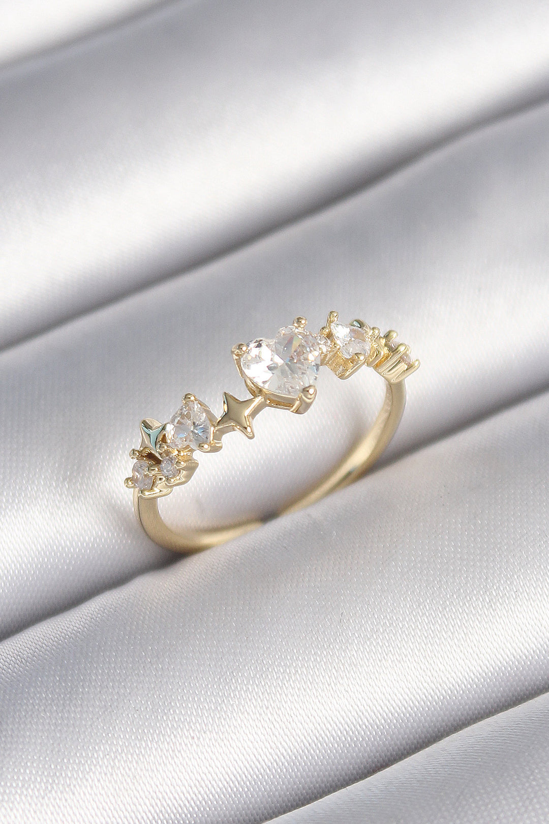 EBJ Rice Gold Color Zircon Stone Heart Model Star Detail Women's Ring - Washington