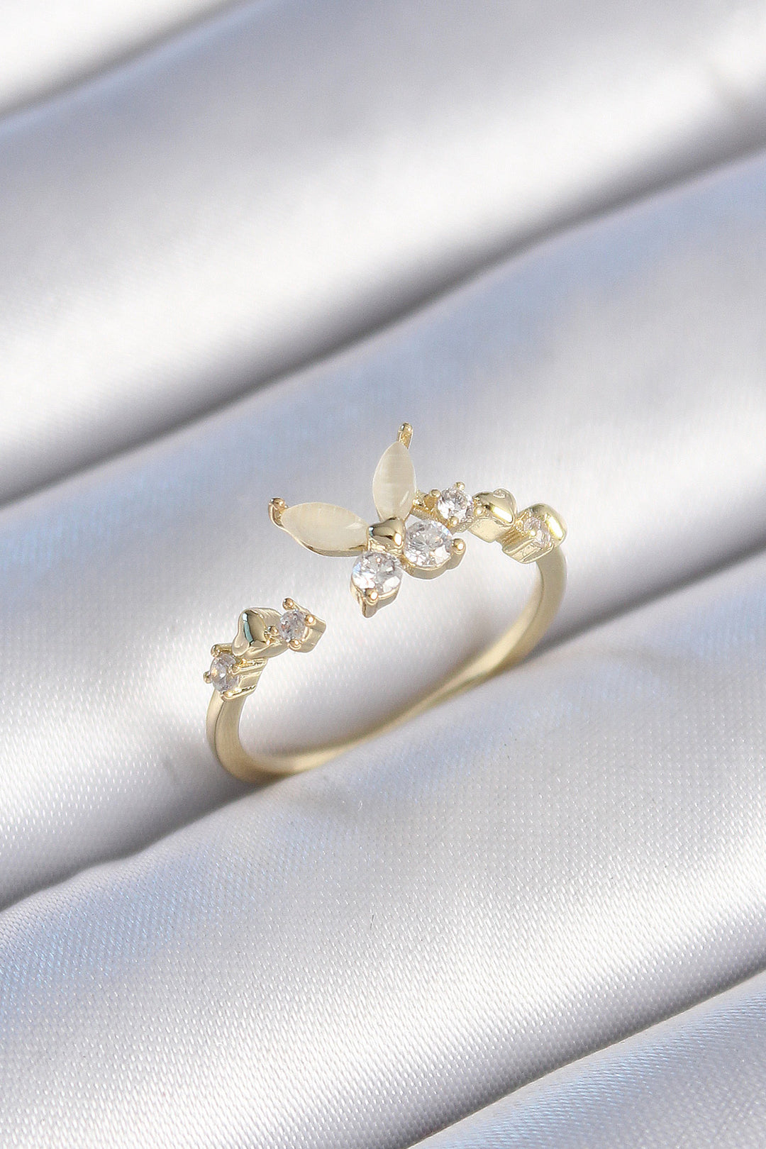 EBJ Rice Gold Color Zircon Stone Detailed White Enamel Butterfly Model Women's Ring - Redwood City