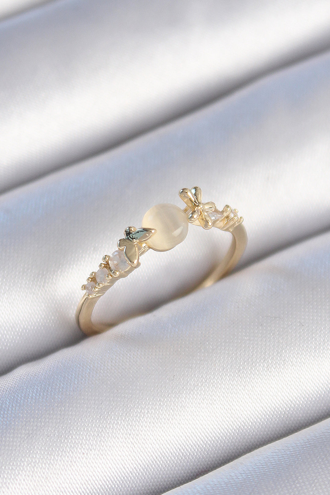 EBJ Rice Gold Color Zircon Stone White Enamel Butterfly Detail Women's Ring - Alexandria