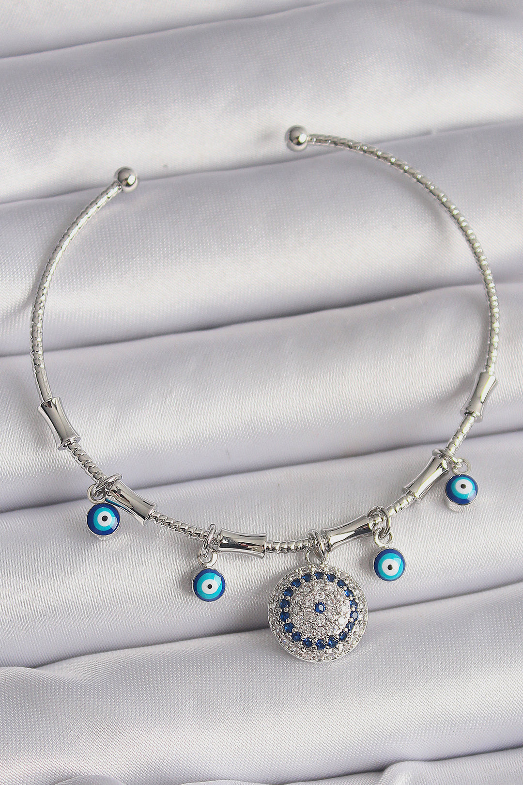 EBJ Rice Silver Color Dangle Evil Eye Bead Figure Charm Bracelet with Zircon Stone - Playa del Carmen
